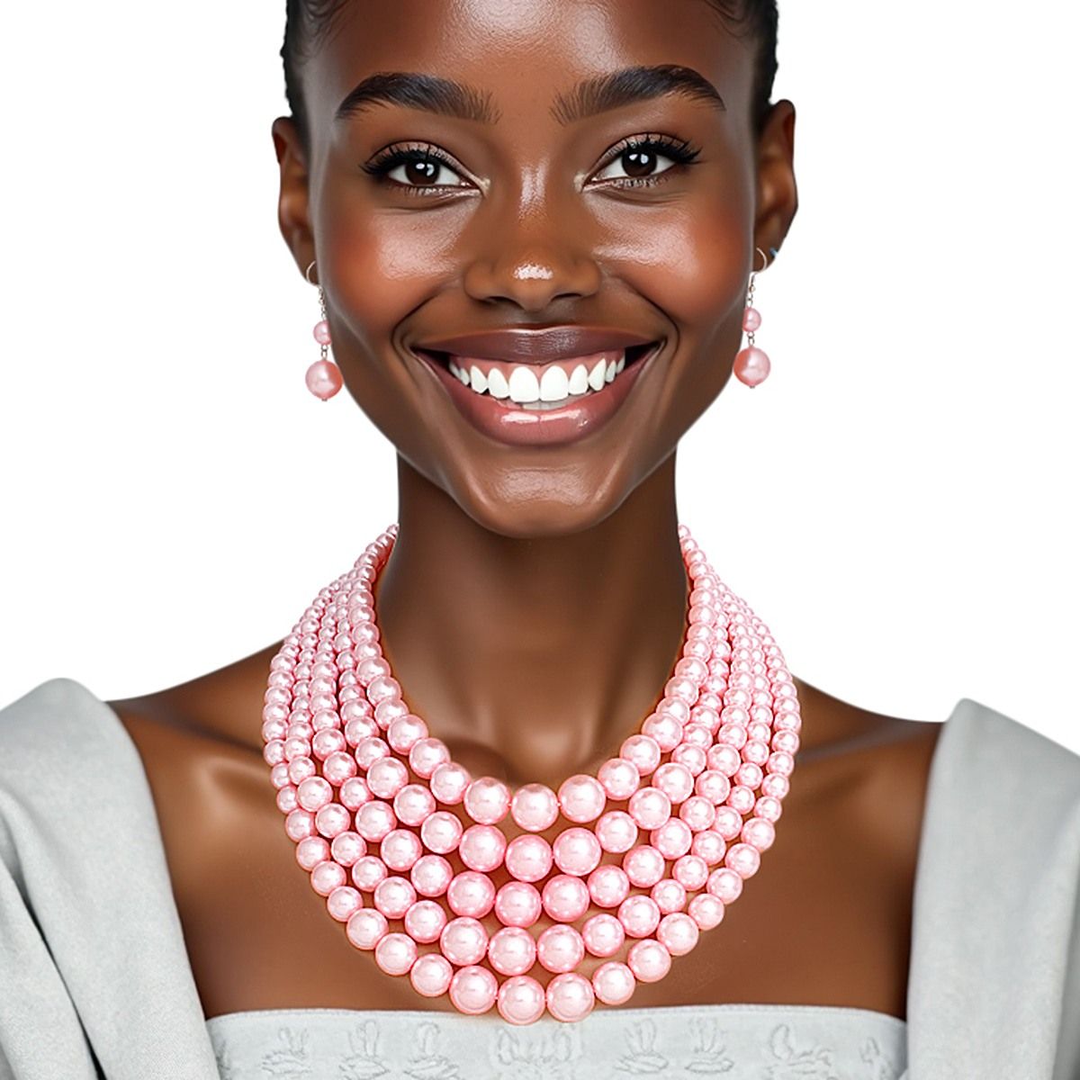 Pearl Necklace Pink 5 Strand Set for Women