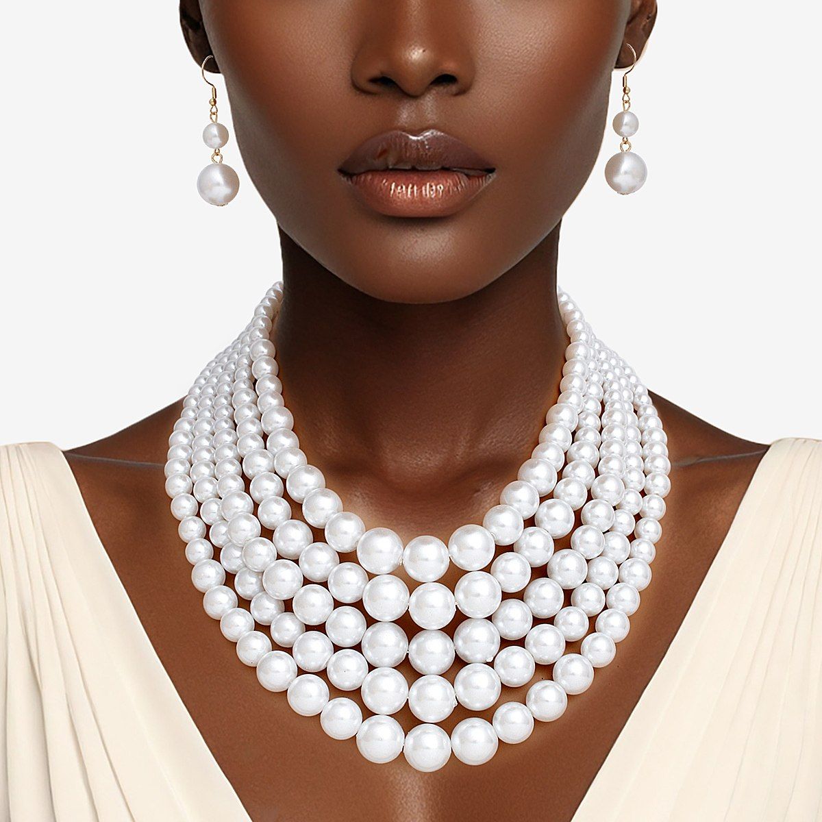 Pearl Necklace White 5 Strand Gold Necklace Set