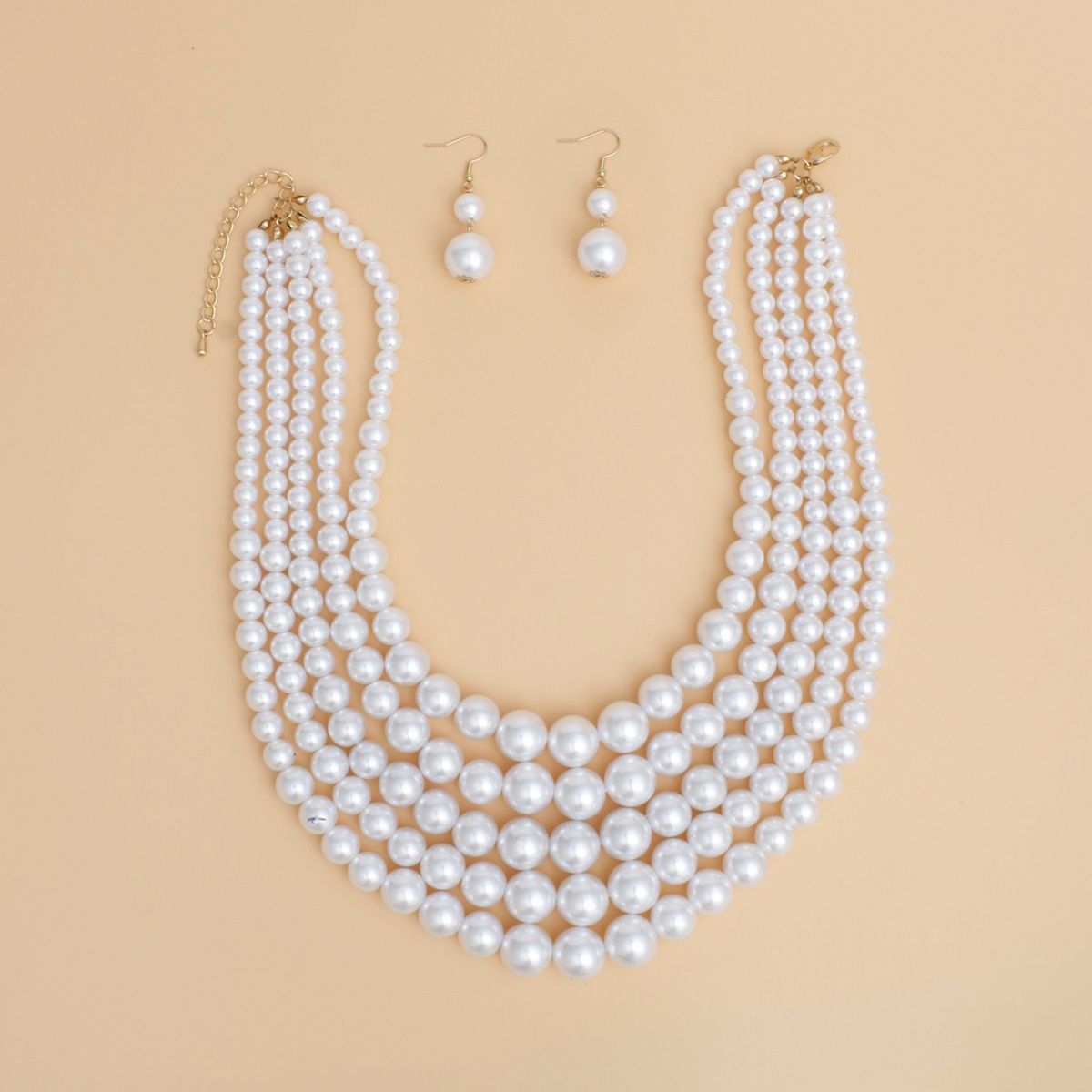 Pearl Necklace White 5 Strand Gold Necklace Set