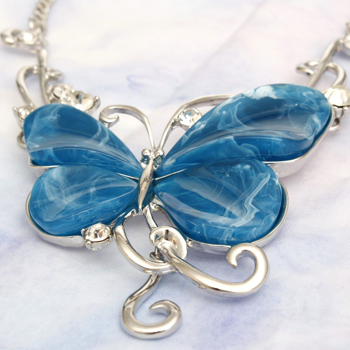 Pendant Marbled Blue and Silver Butterfly Necklace