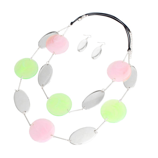 AKA Pink Green Silver Disc Necklace