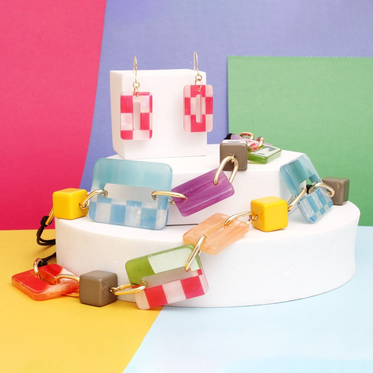 Collar Checkered Rectangle Link Layer Necklace