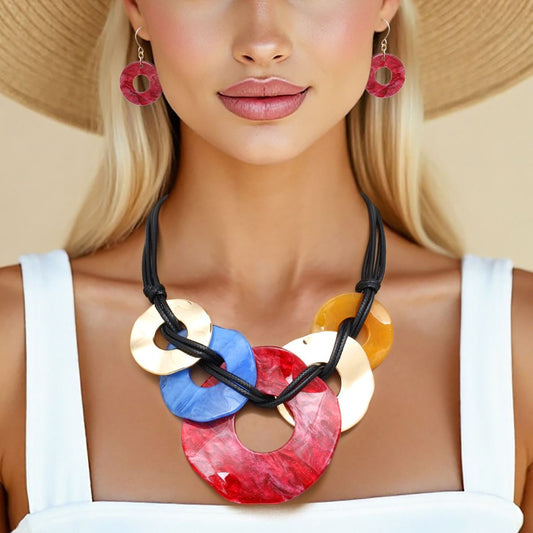 Necklace Black Cord Multicolor Rings Set for Women