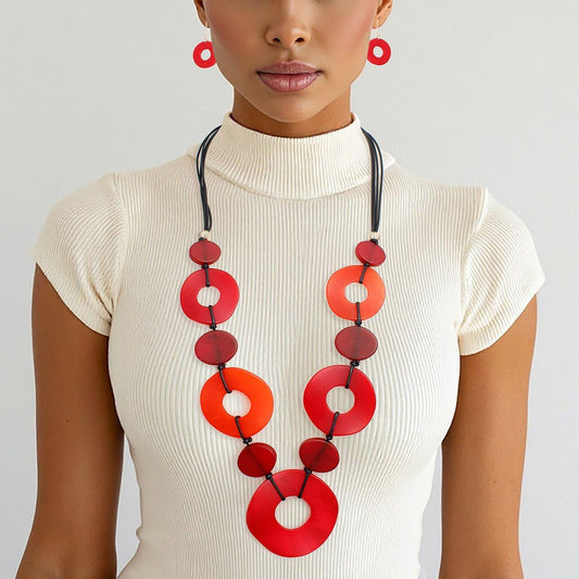 Long Linked Red Rings Black Cord Necklace Set