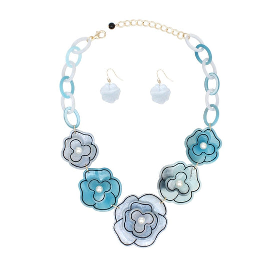 Collar 3D Blue Outlined Flower Necklace Women