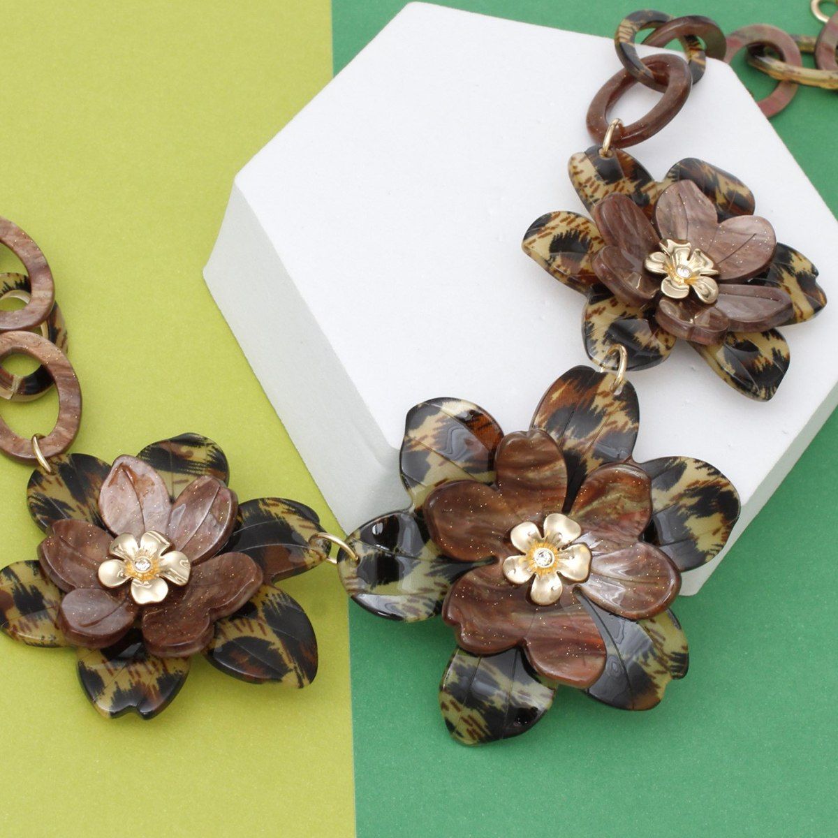 Collar Marbled Leopard Links 3D Flower Necklace
