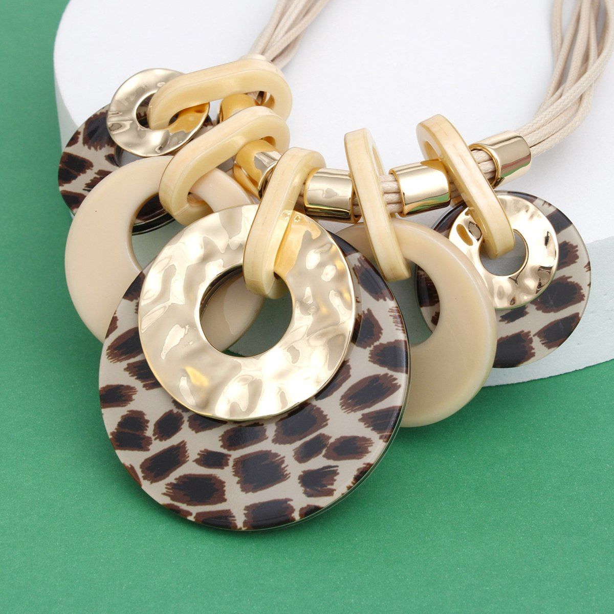 Collar Leopard with Gold Cord and Disc Necklace
