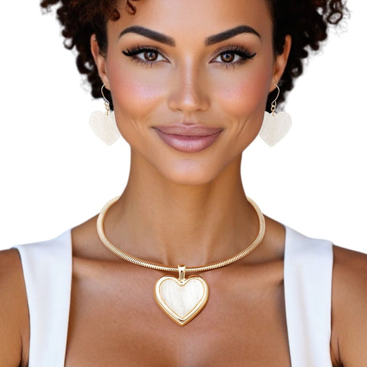 Pendant Gold Omega Chain White Heart Set for Women