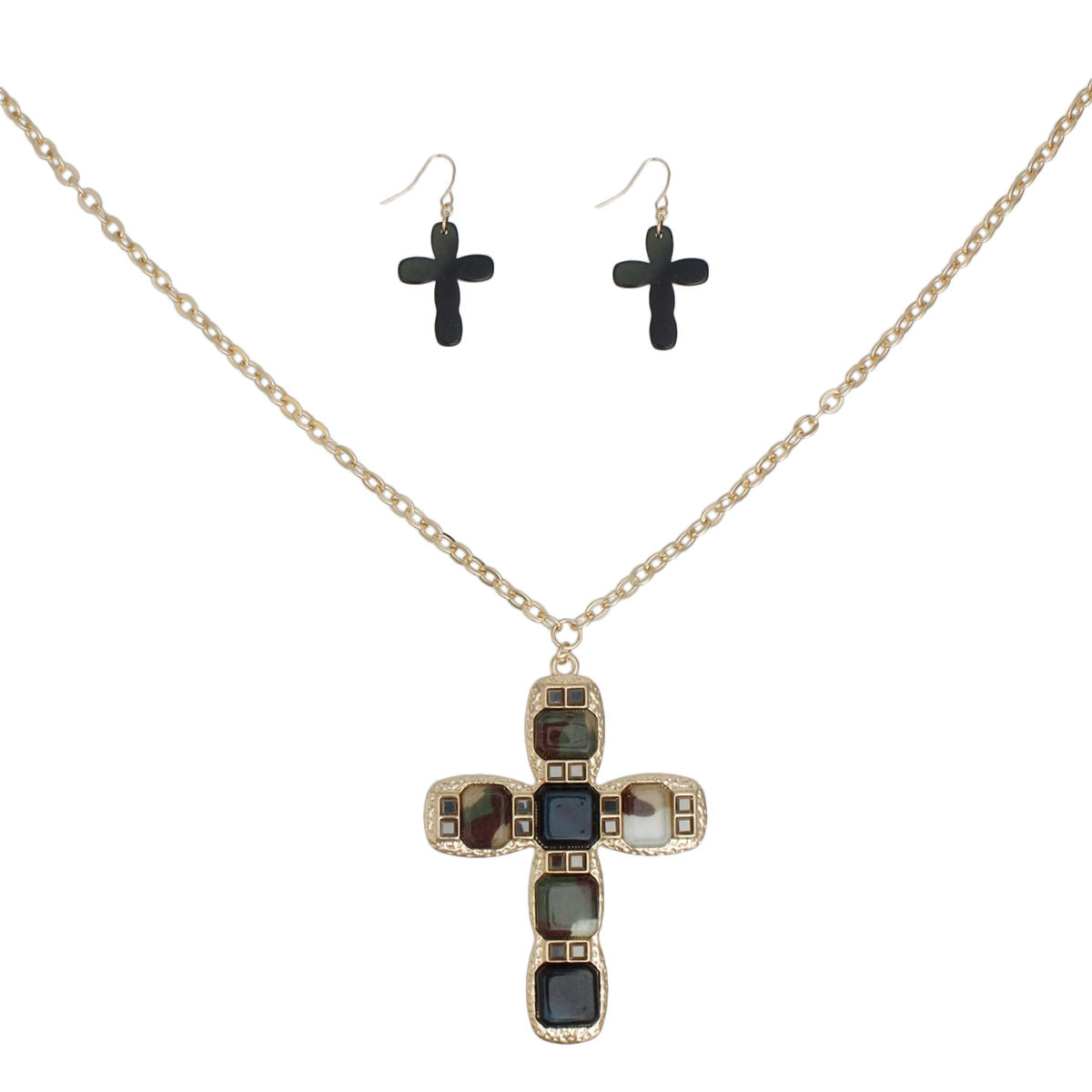 Pendant Camouflage Cross Long Gold Chain Necklace