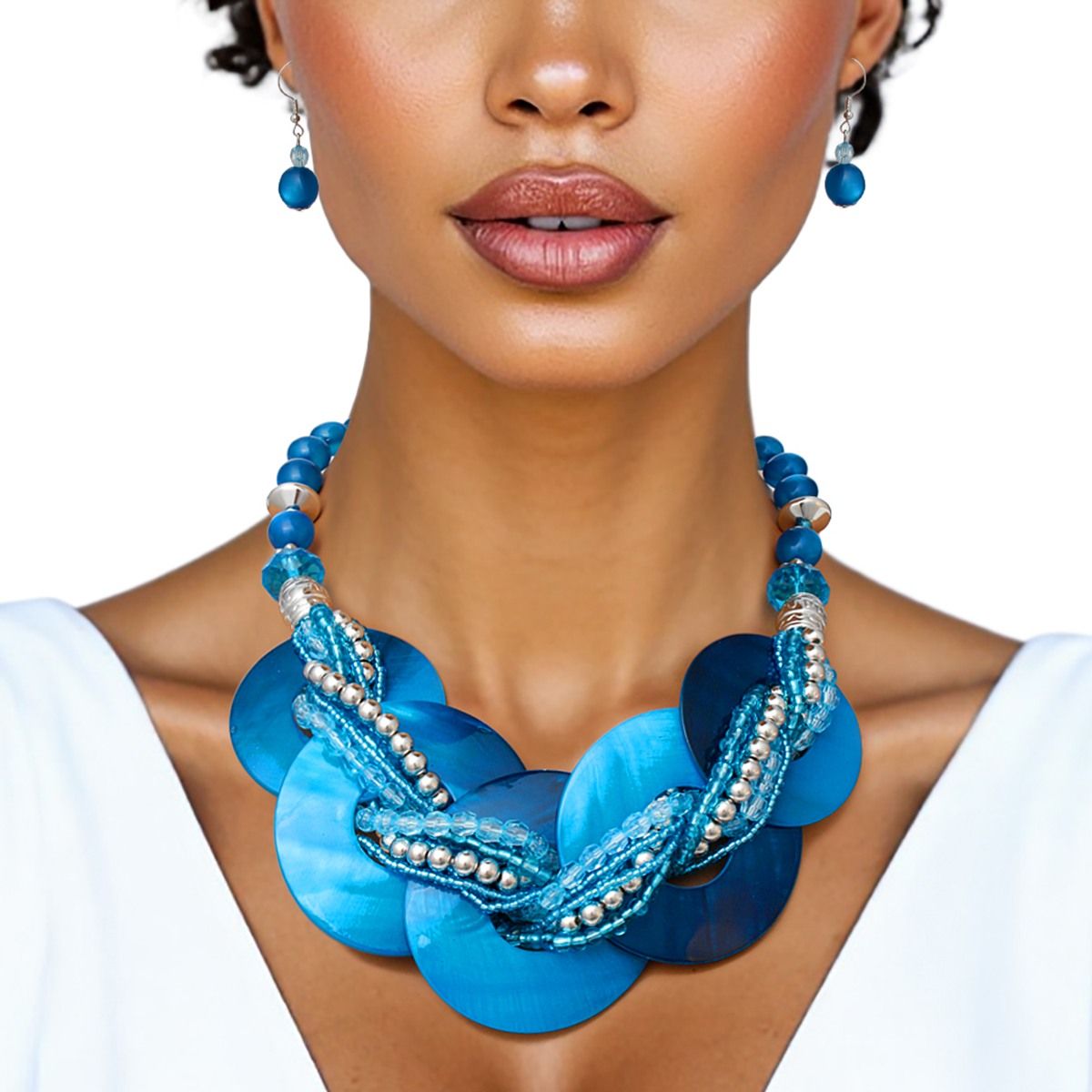 Collar Blue Shell Disc Beaded Necklace for Women