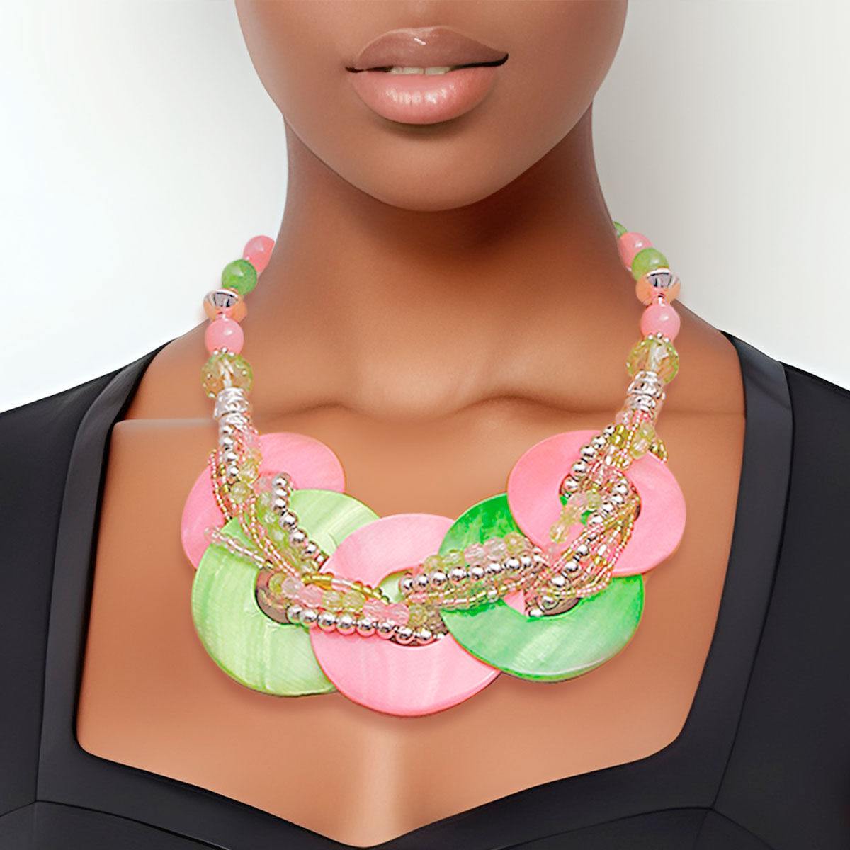 Pink and Green Beaded Disc Necklace Set