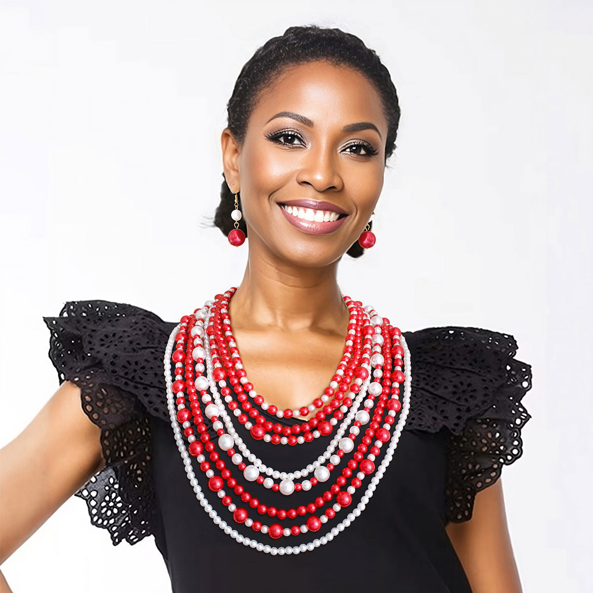 Red White Pearl 8 Strand DST Necklace Set|20 inches