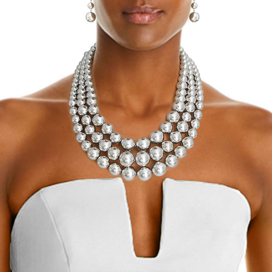 Silver Metallic Pearl Bead 3 Layer Necklace