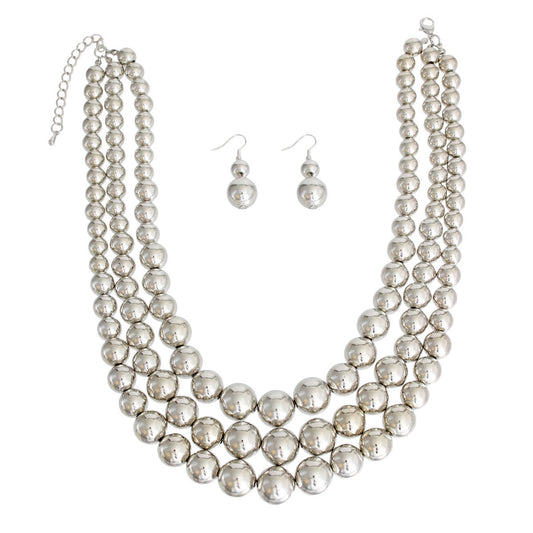 Silver Metallic Pearl Bead 3 Layer Necklace