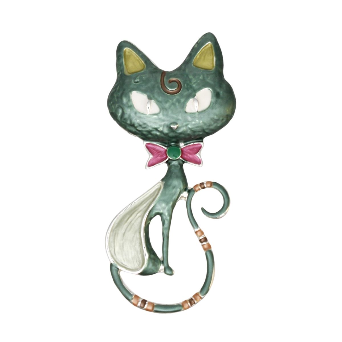 Magnetic Brooch Green Cat with Pink Bow Tie Pin