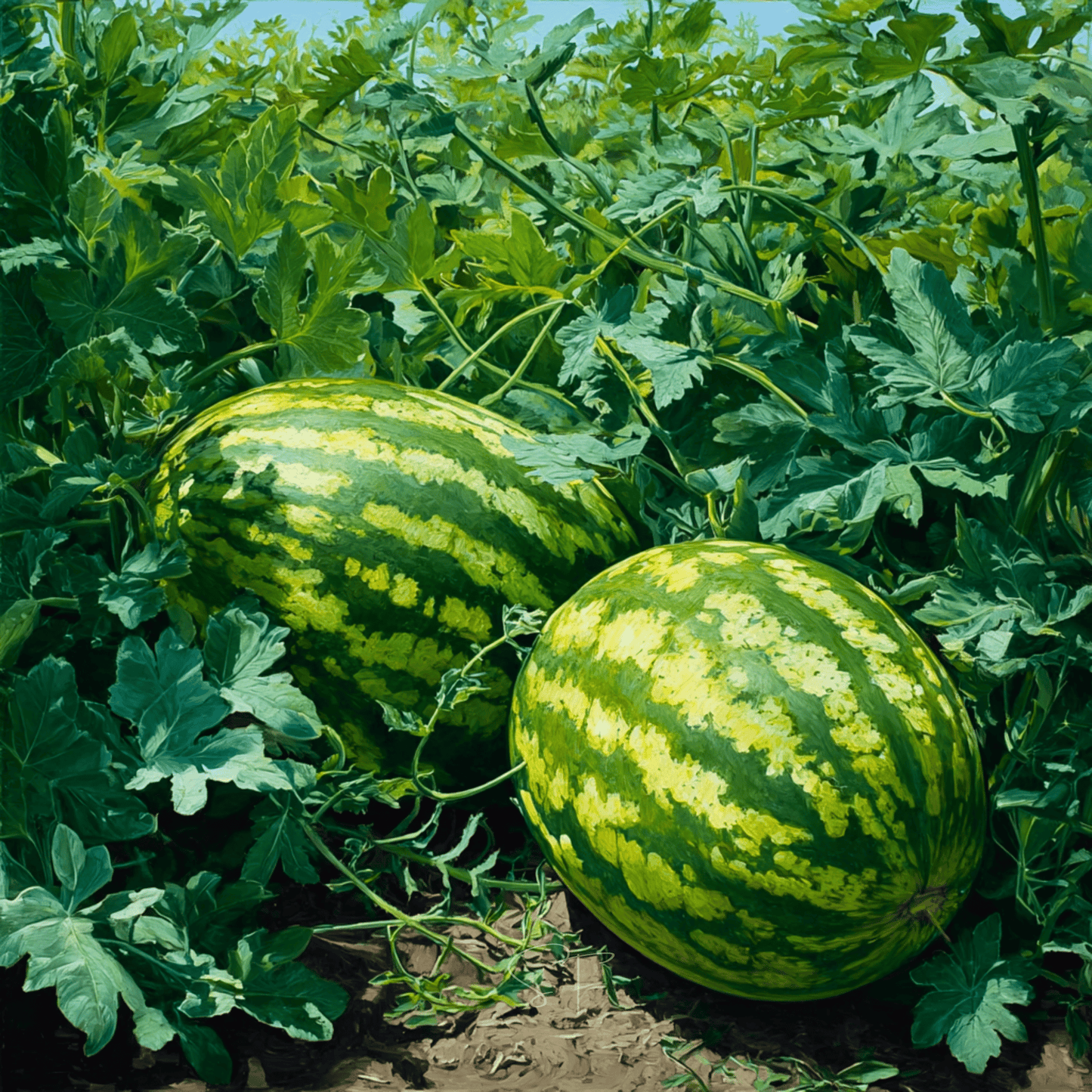 Two watermelons growing in a garden with green leaves.