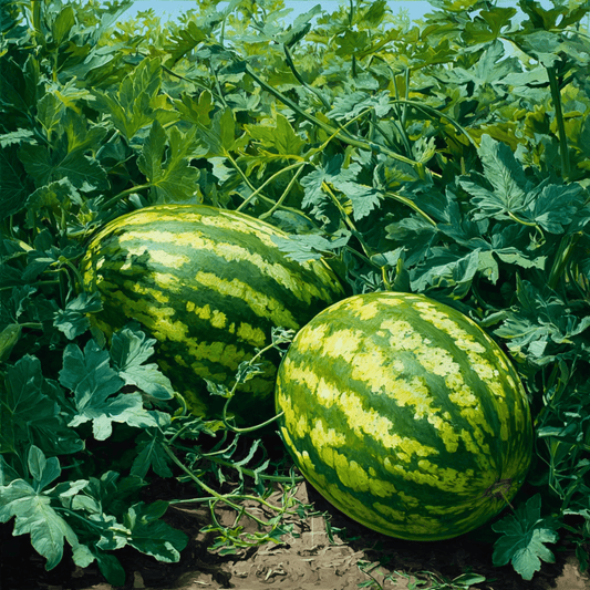 Two watermelons growing in a garden with green leaves.