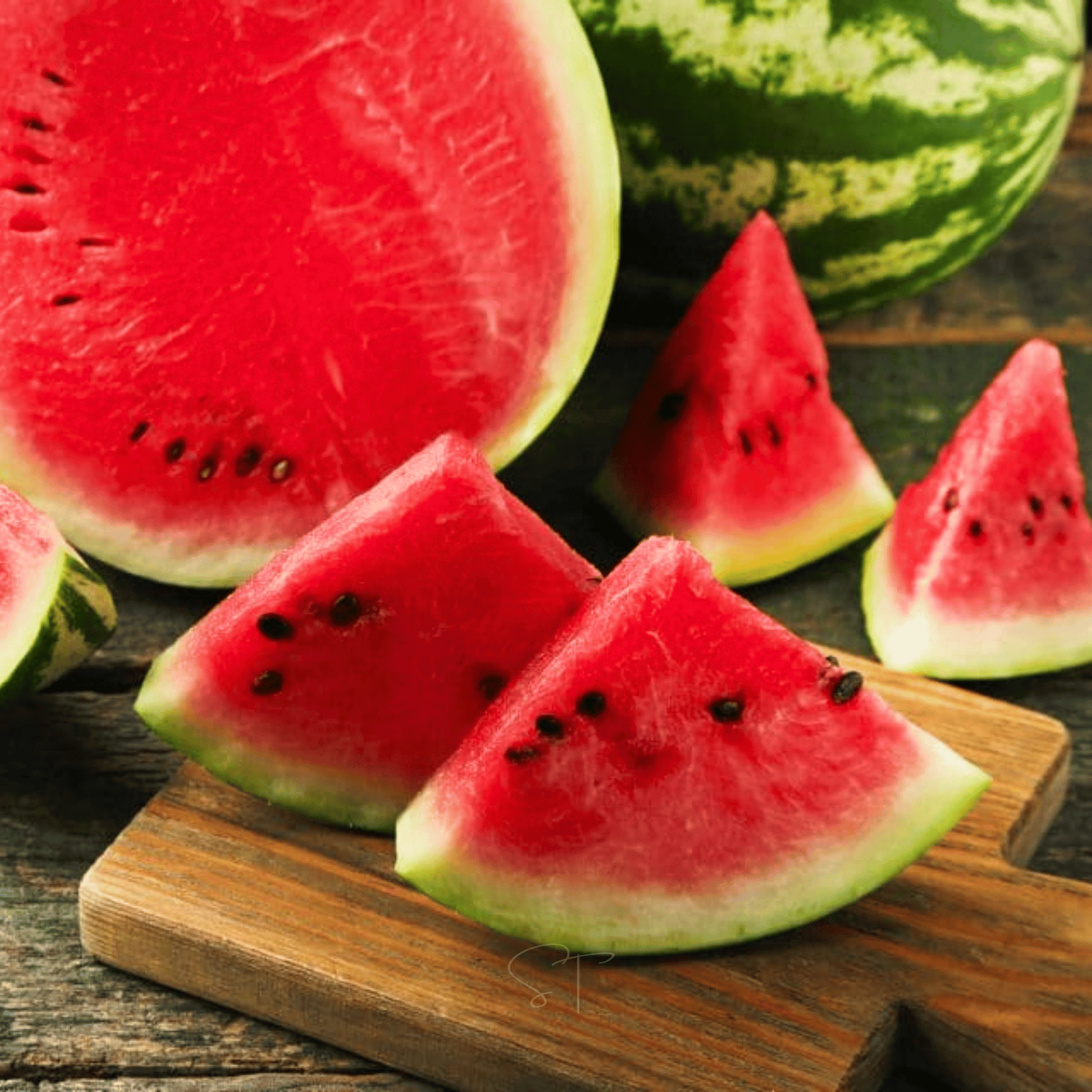 Sliced watermelon on a wooden cutting board with whole watermelons in the background.