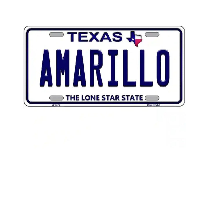 Texas license plate with 'Amarillo' and state motto on a white background
