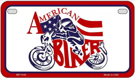 Motorcycle License plate with 'American Biker' design featuring a motorcycle and American flag.