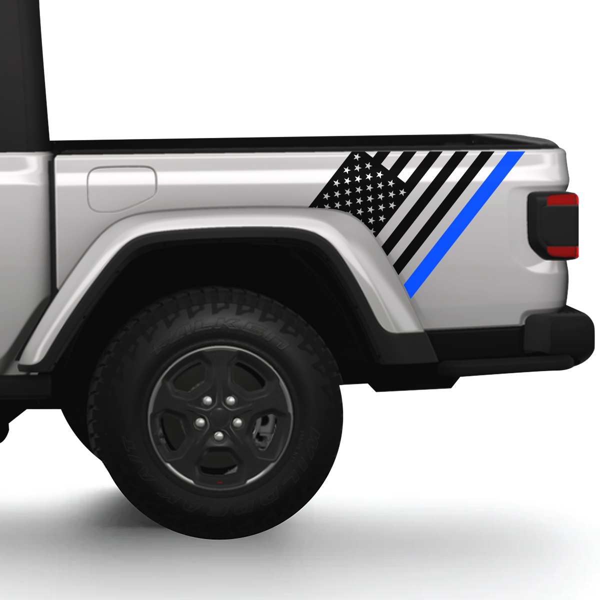 Side view of a vehicle with American flag and blue stripe decal on a white background