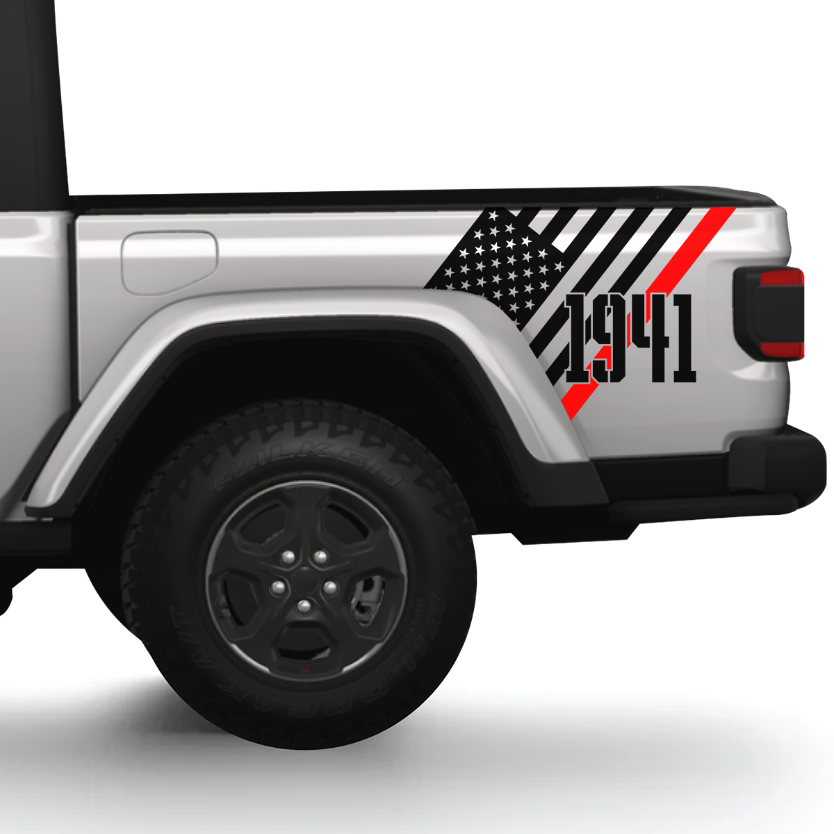 Side view of a vehicle with a graphic design, American Flag Thin Red Line 1941 on a white background