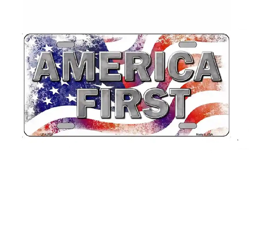 License plate with 'AMERICA FIRST' text and American flag design on a white background