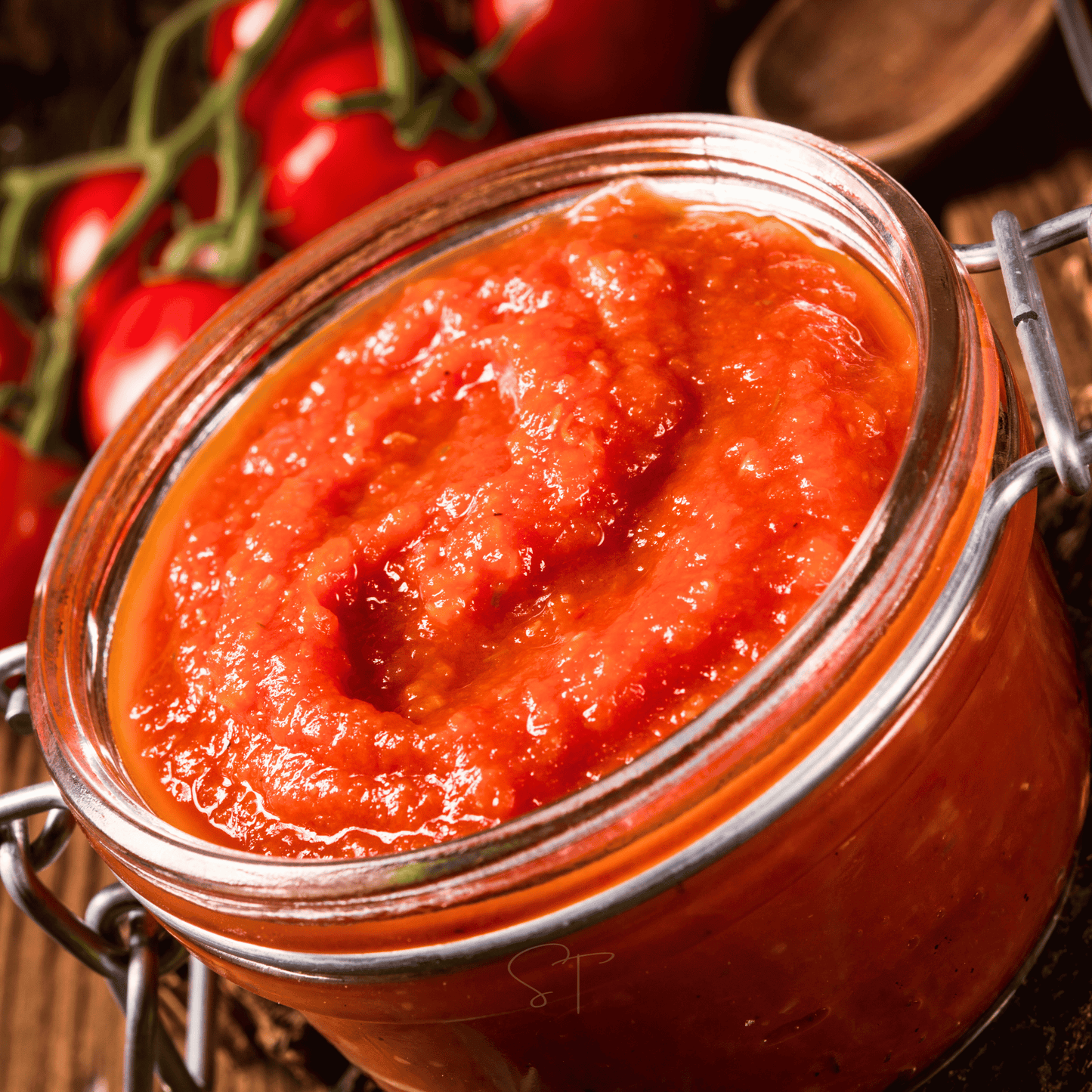 Jar of red tomato sauce with cherry tomatoes in the background