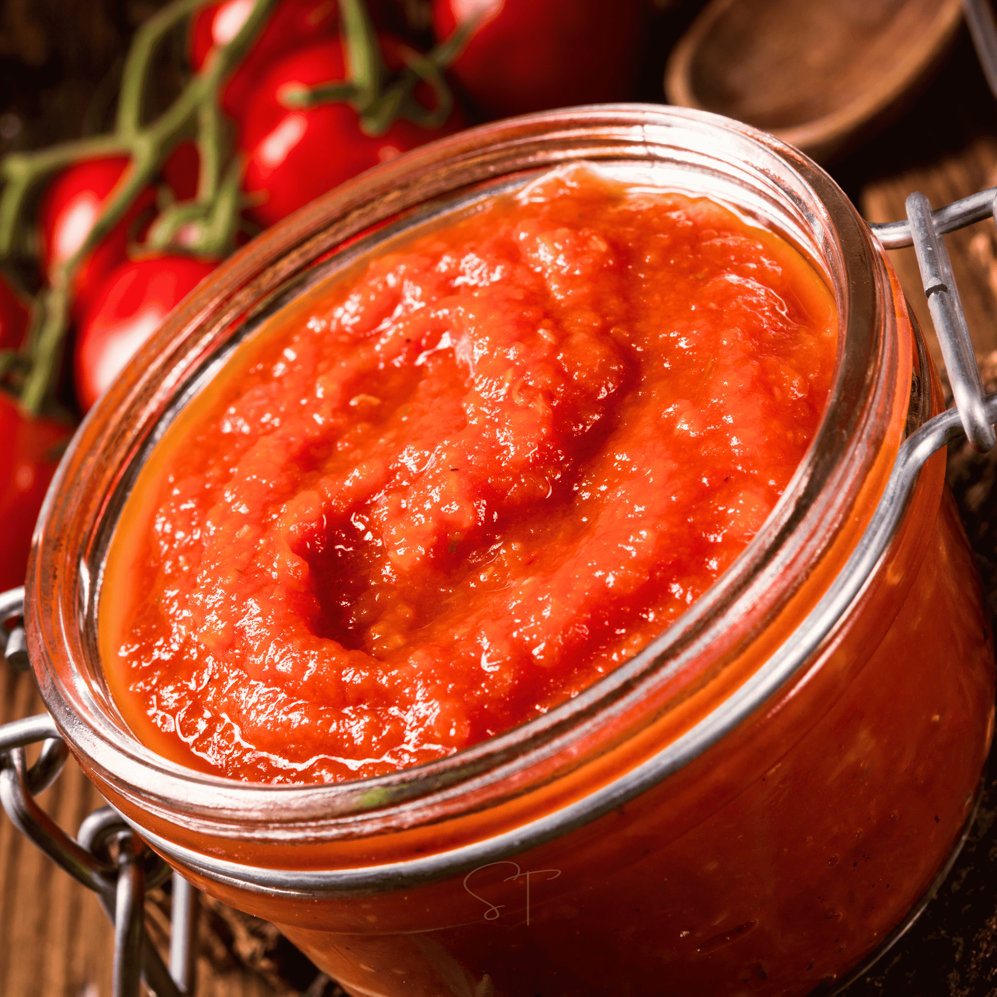Jar of red tomato sauce with cherry tomatoes in the background
