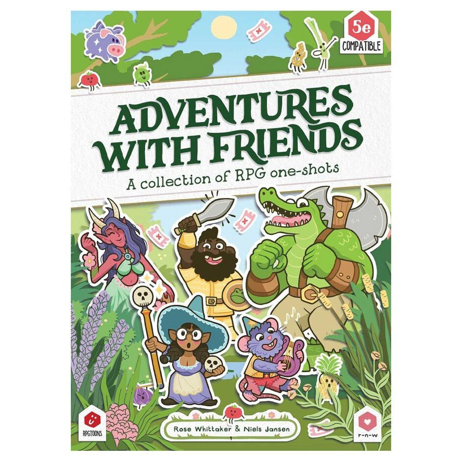 Book cover of 'Adventures with Friends' featuring colorful illustrations of characters and a nature scene.