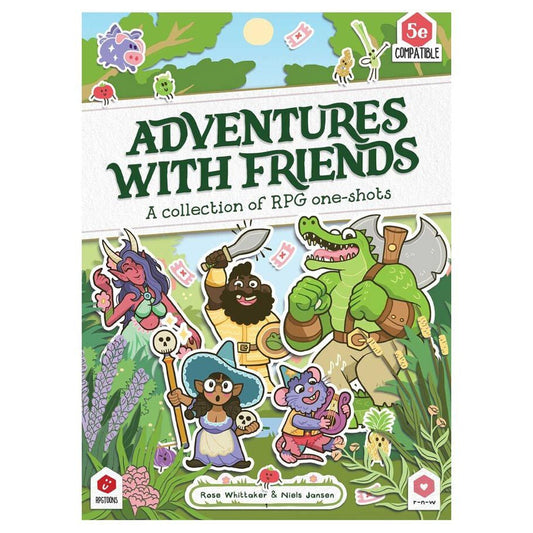 Book cover of 'Adventures with Friends' featuring colorful illustrations of characters and a nature scene.