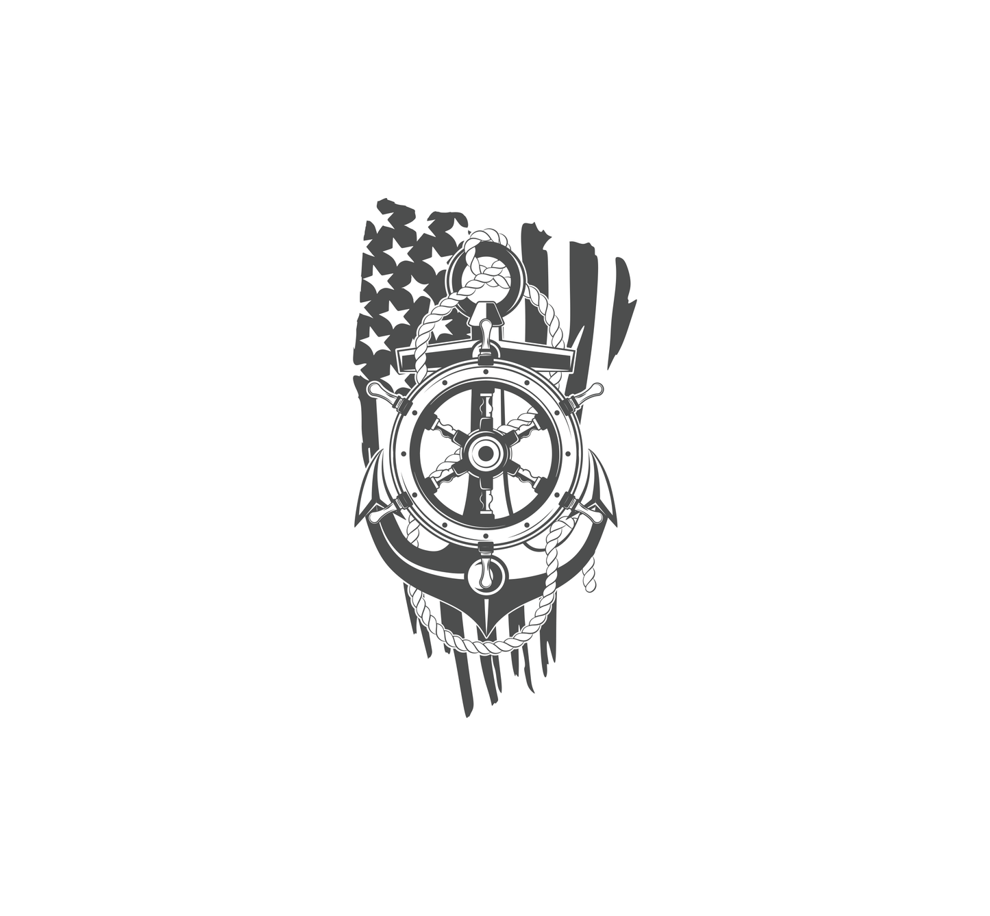 Black and white illustration of a anchor and ships wheel with an American flag design on a white background