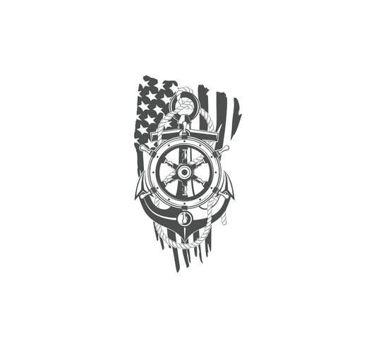 Black and white illustration of a anchor and ships wheel with an American flag design on a white background