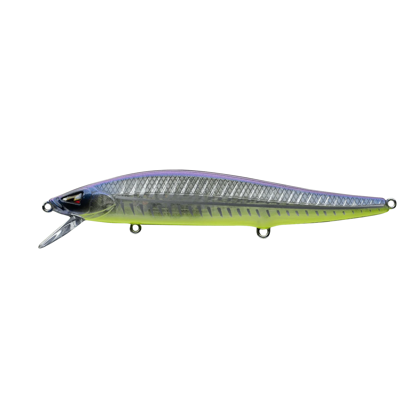 Fishing lure with purple and green colors on a white background