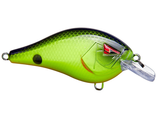 Fishing lure with a green body and clear tail on a white background
