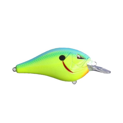 Fishing lure with a bright yellow body and blue top on a white background