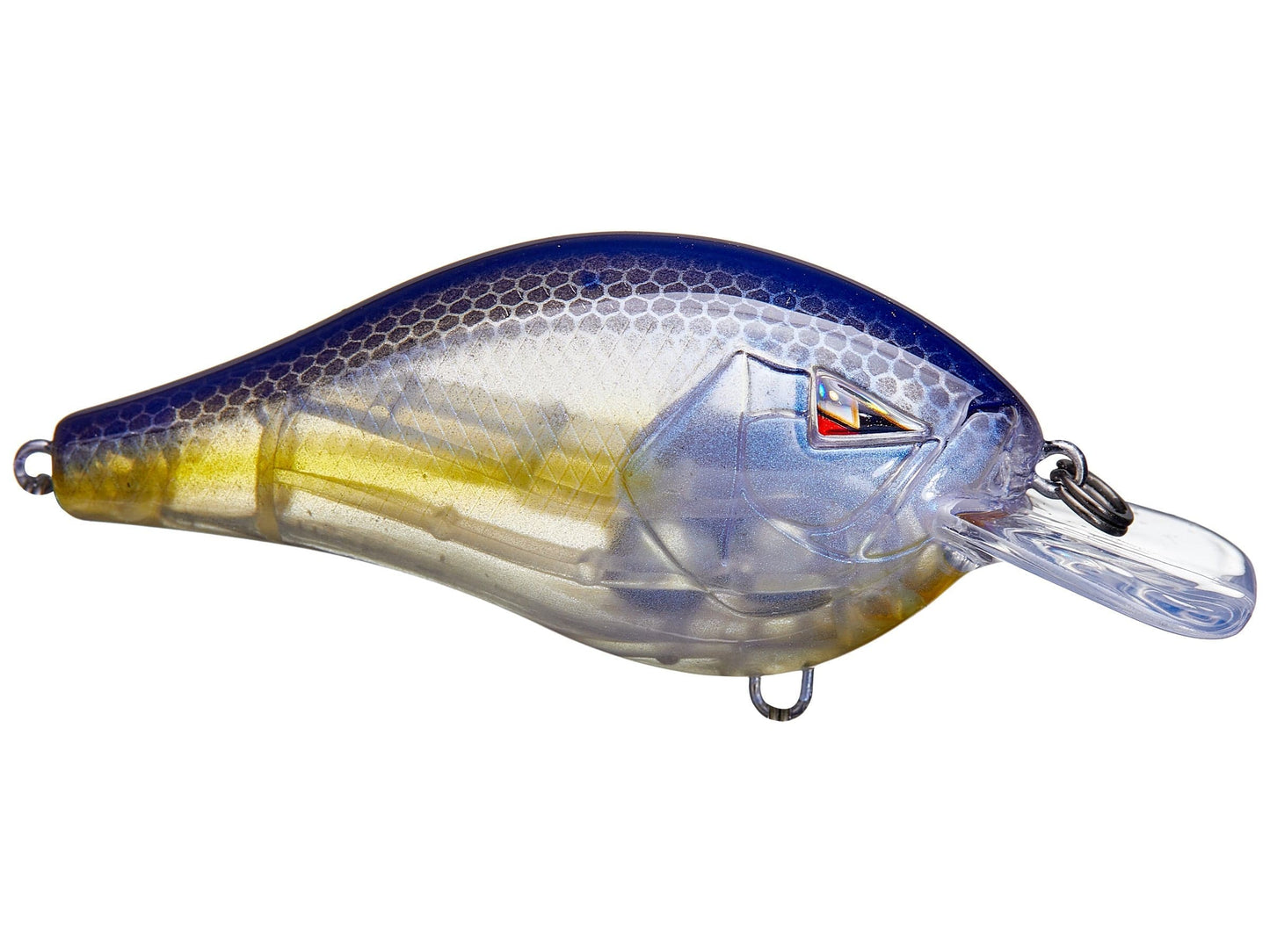 Fishing lure with blue and yellow colors on a white background