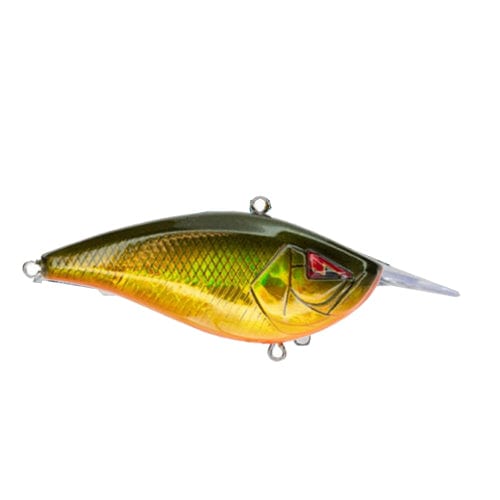Fishing lure with a gold and green body on a white background
