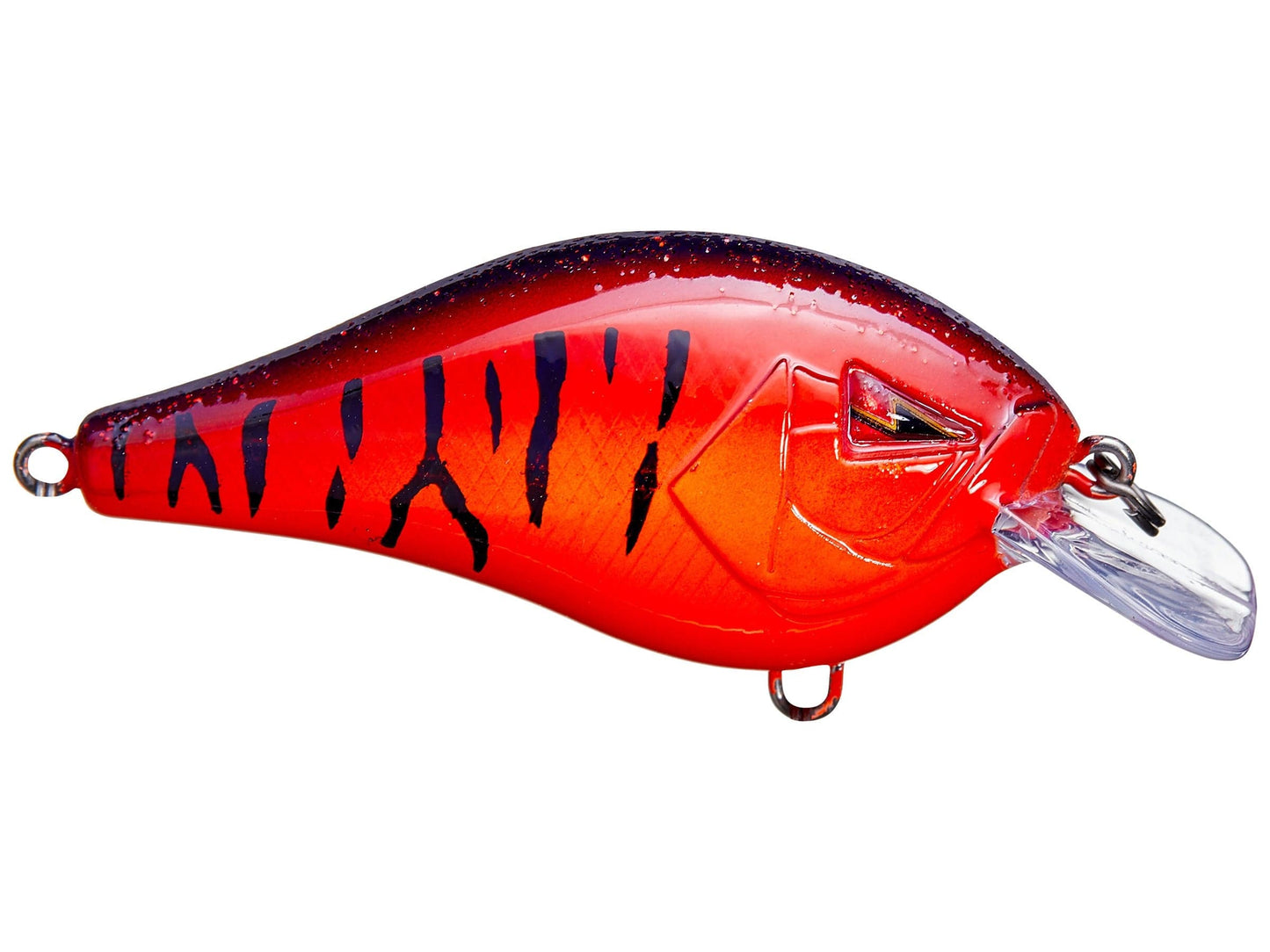 Red and black striped fishing lure on a white background