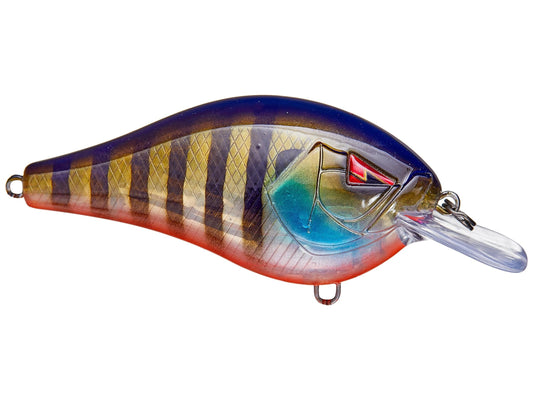 Colorful fishing lure with striped pattern on a white background