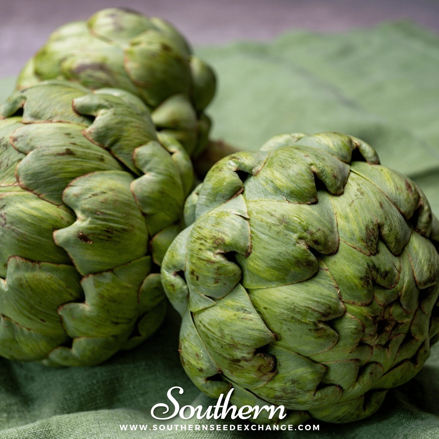 Two artichokes on a green cloth with 'Southern' branding.