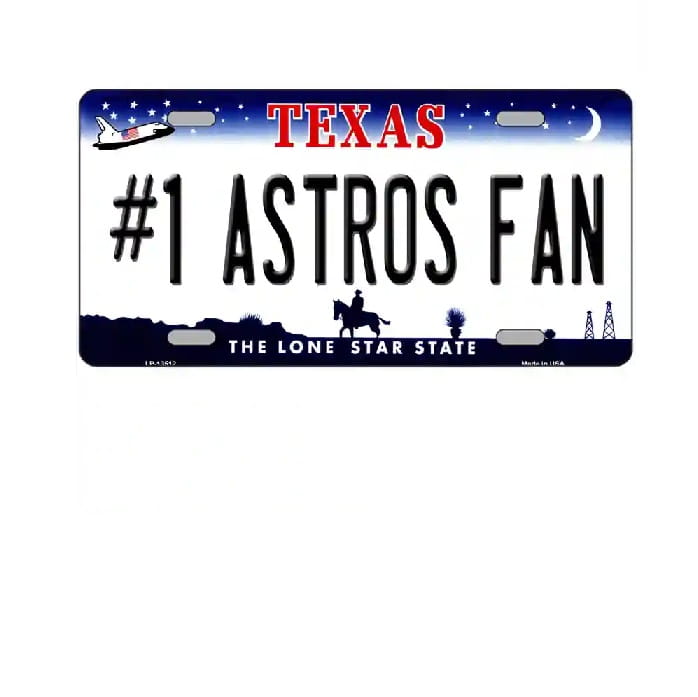 Texas license plate with '#1 Astros Fan' text on a white background