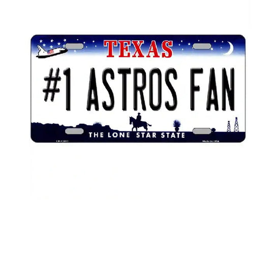 Texas license plate with '#1 Astros Fan' text on a white background