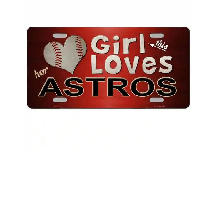 Red license plate with 'Girl Loves her Astros' text and baseball graphic on a white background