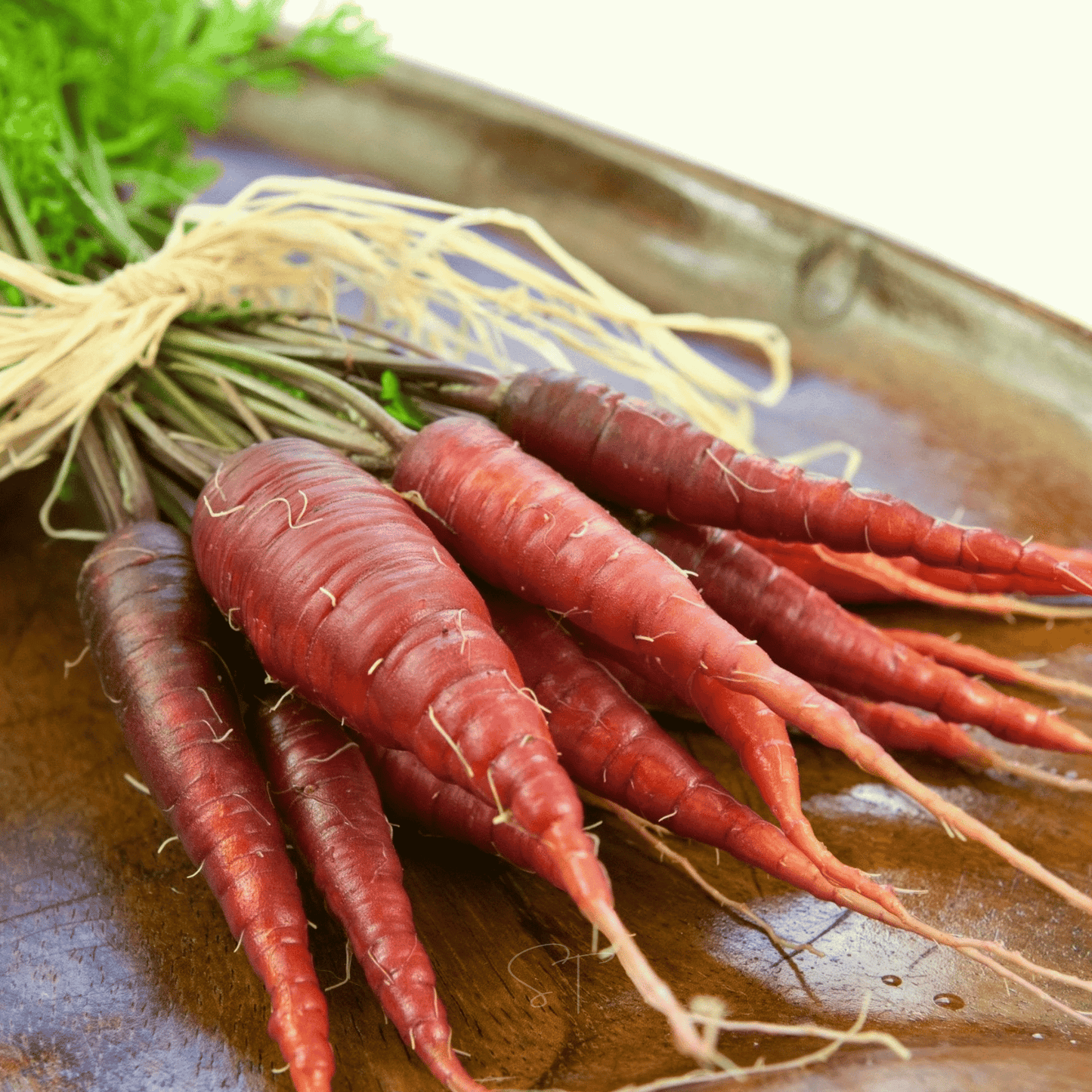 Bunch of red carrots on a wooden surface