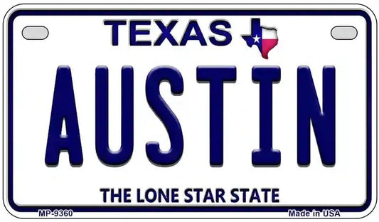 Texas Motorcycle license plate with 'AUSTIN' and state flag. Austin Texas Motorcycle License Plate