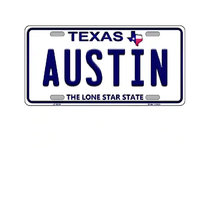 Texas license plate with 'AUSTIN' and state motto on a white background
