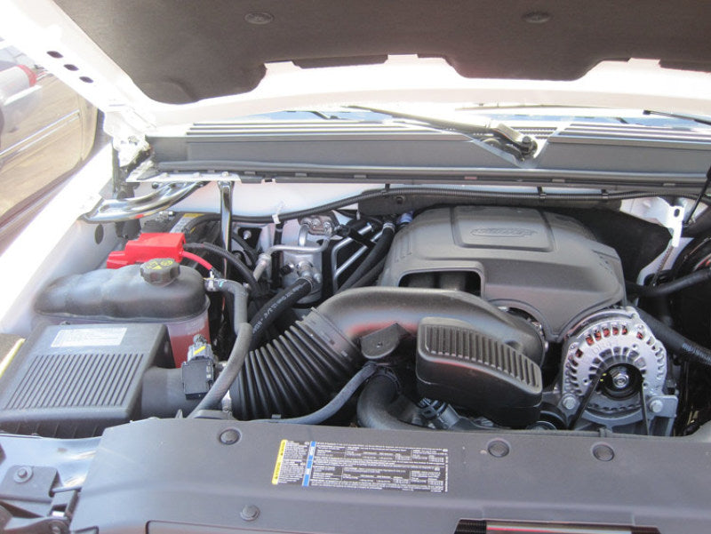 Car engine compartment with various components visible