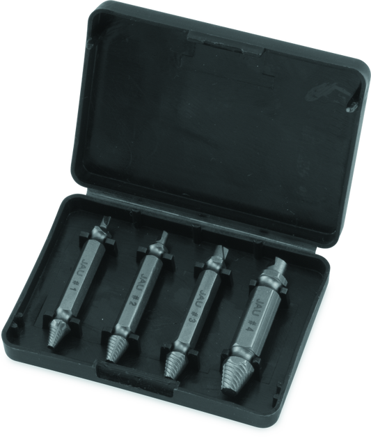 Set of five metal drill bits  screw extractor in a black plastic case on a white background