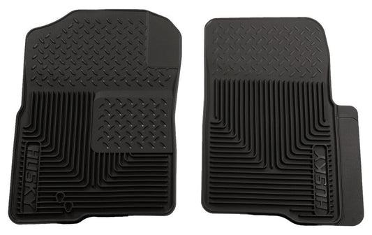 Pair of black car floor mats with a textured pattern on a white background